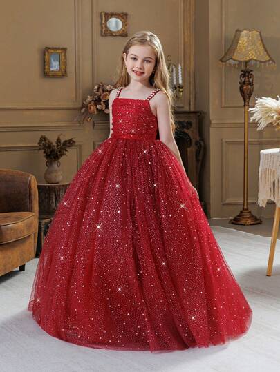 Vestido de Natal para meninas pré-adolescentes, com alças de pérolas, estrelas, tule e laço. Elegante vestido de princesa, ideal para aniversários, festas de adolescentes, casamentos, daminhas de honra, Dia de Ação de Graças e formaturas.