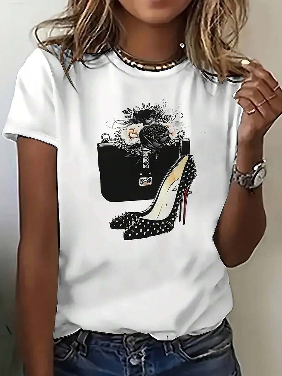 Camiseta gráfica chic para mujer - Monedero corazón y estampado de tacón alto, top de manga corta con cuello redondo, negro con diseño de lunares blancos, casual y elegante para ropa casual, top de todas las estaciones | Top con estampado juguetón | Tejido brillante, ropa linda