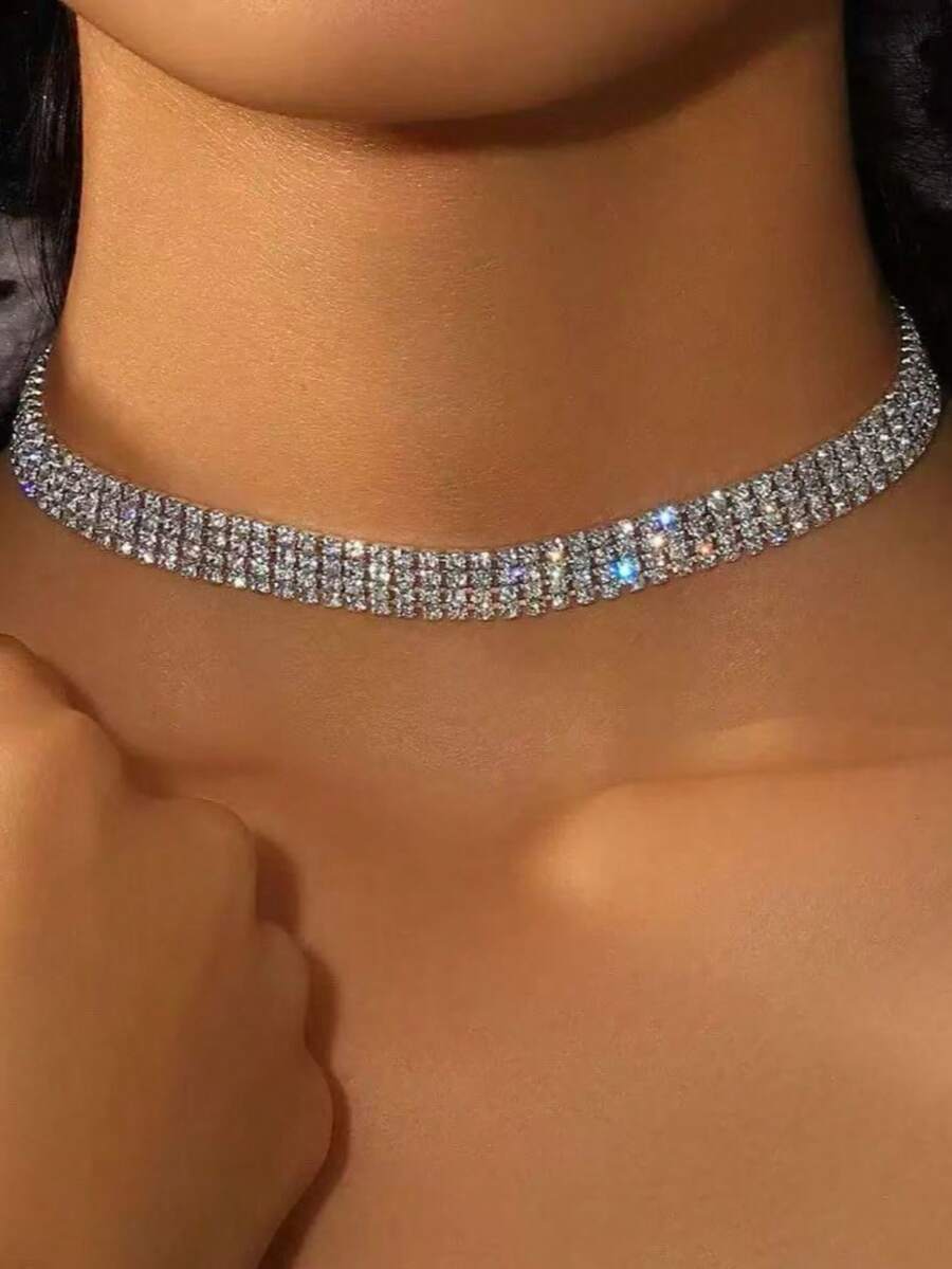 1pc Fully Rhinestone 4-Row Necklace, Fashionable Multi-Strand Choker Necklace, Versatile Personalized Crystal Clavicle Chain, Suitable For Party, Wedding, Bride Accessories - 4-row Necklace - View 1
