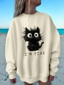 Ropa De Invierno MujerCasual Minimalist Cute Crazy Fluffy Kitten & Letter Print Round Neck Loose Fit Women Sweatshirt, Suitable For Spring Break, Y2K, Christmas Thanksgiving GraphicLoose And Comfortablewinter Clothes For Women - 米色 - 查看 12