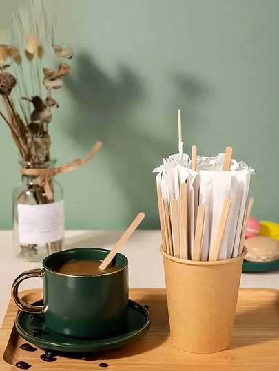 100 Pieces High Quality Coffee And Tea Stirrers, Restaurant Bar Stirrers, High Quality Disposable Beverage Stirrers For Coffee, Tea And Cocktails, Natural Khaki Color, Individually Wrapped Beverage Stirrers For Home, Cafes And Restaurants