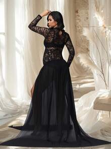 Irresista Maternity 2 PC Lace Sexy See-Through Long Sleeves Bodysuit & Chiffon Slit Skirt Set For Photoshoot - Black - View 3