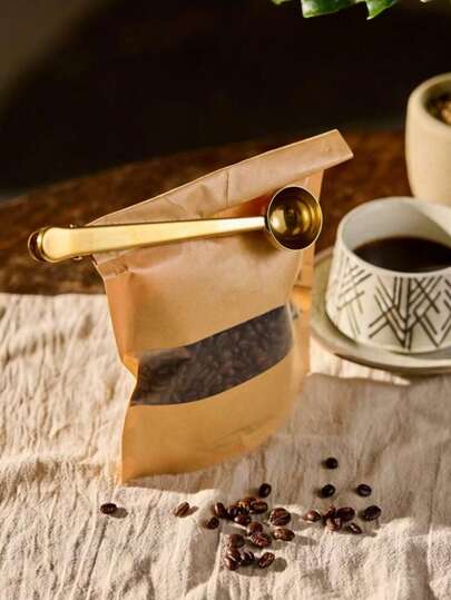 1pc Coffee Measuring Spoon With Sealing Clip Two-In-One Stainless Steel Coffee Spoon, Sealing Clip; Kitchen Gold Accessory,Cafe Espresso Decoration