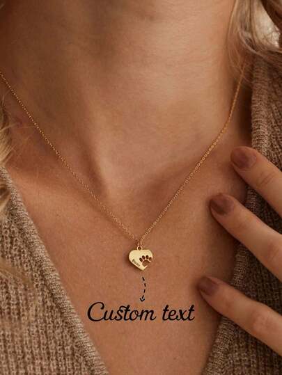 Customized Engraved Name Necklace With Personalized Heart Paw Print Pendant, Stainless Steel Jewelry, Minimalist Design, Suitable For Daily Wear, Perfect Gift For Pet Owners, Dog Lovers, Mothers, Christmas