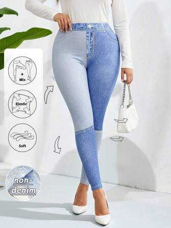 Plus Size Women's Stretch Denim Leggings - Blue Ombre Print, High Waist Slim Fit, Autumn Winter Fashion, Curve Flattering & Comfortable