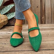 新款秋季女士套脚鞋，绒面尖头套脚百搭工作乐福鞋 - 墨綠色 - 查看 6