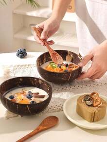 椰子碗，用于盛放酸奶、燕麦片、沙拉和甜点，家用餐具，天然木碗，不带勺子。由于产品采用椰子木制成，轻微划痕属正常现象。介意者请勿购买。厨房用品，圣诞礼物 - 彩色 - 查看 3