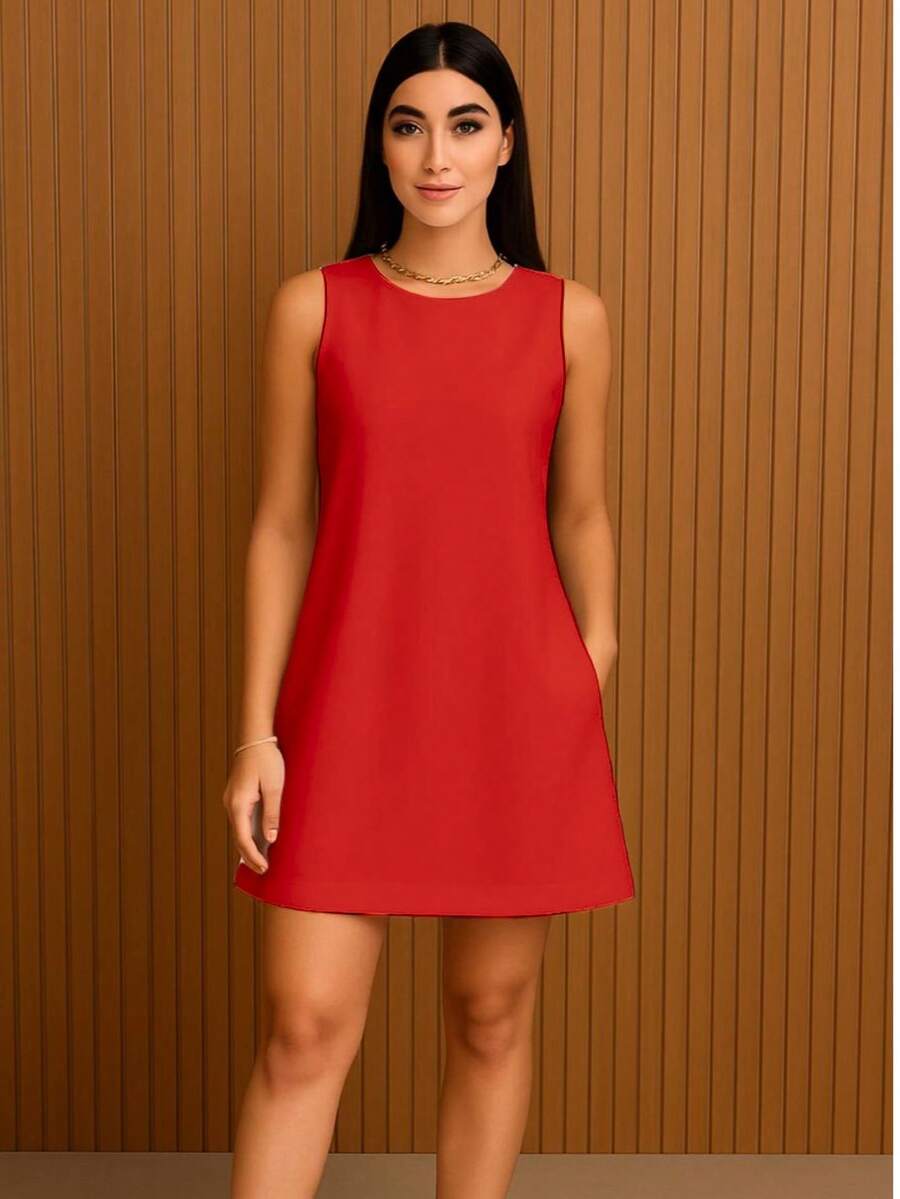 Women's A-Line Style Dress | Premium Tailored Fabric | Various Colors, Elegant And Modern With Pockets - Red - View 1