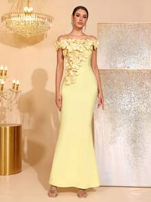 New Sexy Off-Shoulder Luxury Heavy Embellished Pearl Sequin Embroidered Fitted Backless Sleeveless Mermaid Long Dress Elegant Women's Party Gown - Light Yellow - View 3