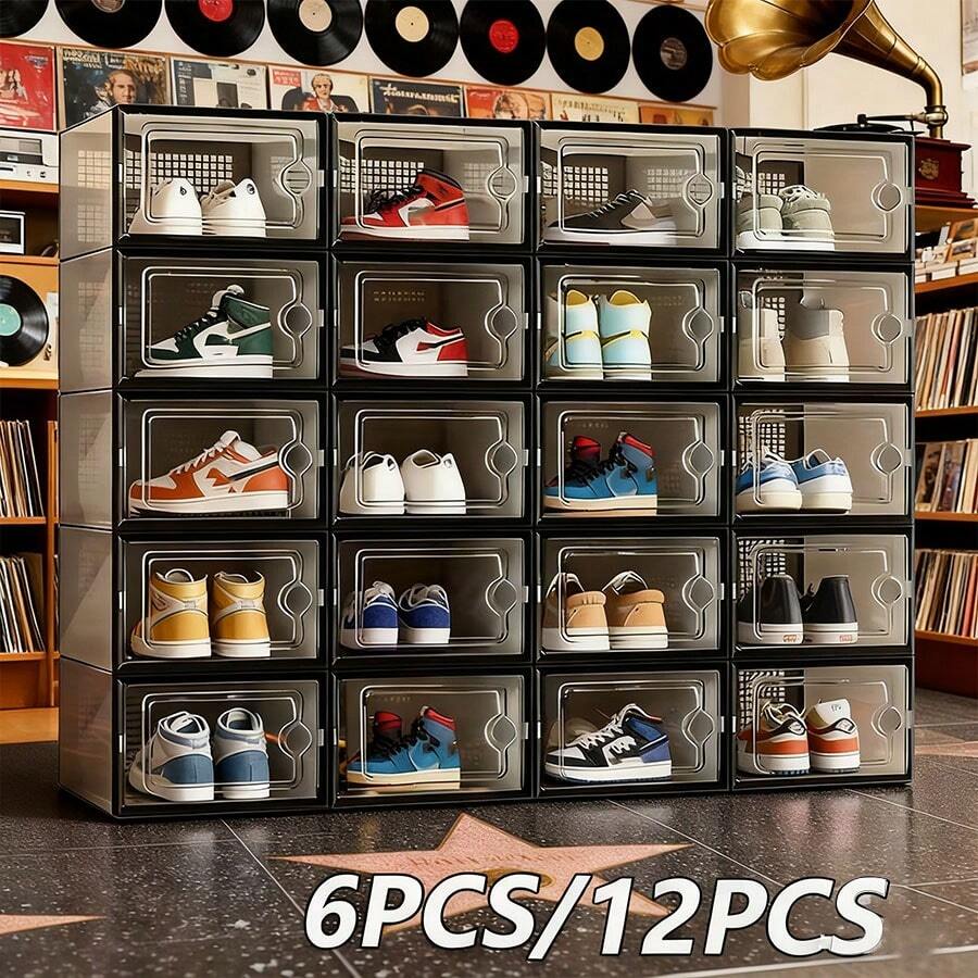 6/12pcs Shoe Boxes, Transparent With Lid, Space Saving Storage Box - Free Combination, Foldable Stackable Shoe Rack, Stackable Transparent Plastic Box For Closet, Shoe Store Display And Corridor, Office, Sports Shoes - 黑色 - 查看 1