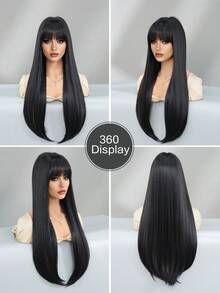 NICKY WALL 28Inch Extra Long Straight Black Wigs For Women Elegant Nature Looking Wigs With Full Bangs,High Density Fluffy Synthetic Heat Resistant Fiber Hair,For Beginners Glueless Daliy Party Use - 黑色 - 查看 6