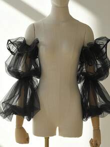 1 Pair Lantern Sleeve Detachable Long Black Bridal Sleeves, Satin Trim Tulle Fingerless Gloves, Romantic & Fleshy Coverage For Wedding Dress Autumn Accessories - 黑色 - 查看 7