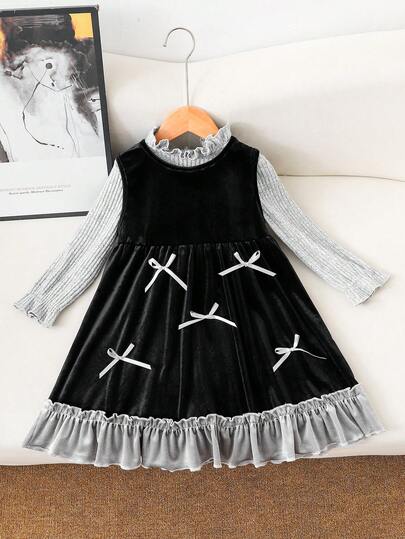 Autumn And Winter Two Pieces Stand Up Collar Light Gray Long Sleeved Top Paired With Velvet Vest Bow Dress Set, Creating A Comfortable And Fashionable Princess Style, Perfect For Daily Outdoor Gatherings, And Also Suitable As A Gift For Young Girls