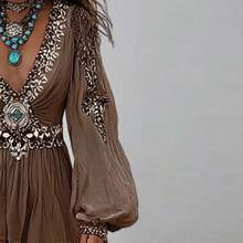 Women's Patchwork Dress With Puff Sleeves & Asymmetric Hem, Western Style Flowy Boho Long Dress For Spring Fall - Coffee - 查看 5