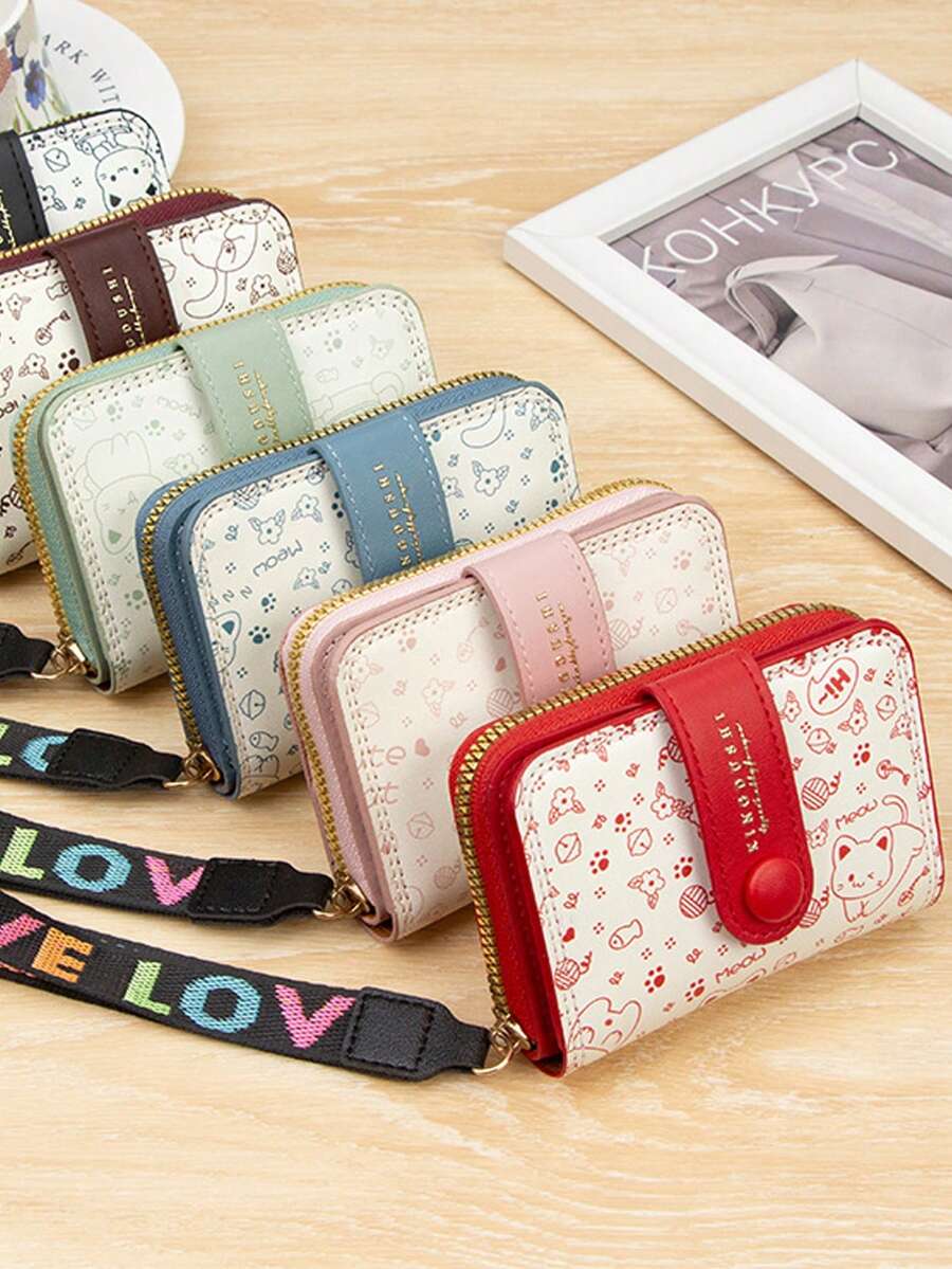Japanese Style Women's Wallet, Cute Cat Short Wallet, Multi-Function Card Holder Zipper Coin Purse, Cartoon Cat Girls Wallet - Multicolor - View 1