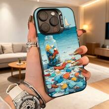 Colorful Stones Beach Design Phone Case Light Blue Glass Carafe And Boat In The Sea Print Phone Case Ideal For Daily Use And Travel Going Out With Fashion Phones - Black - View 4