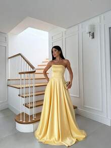Strapless Party Dress With Cross-Back Closure - Yellow - View 4