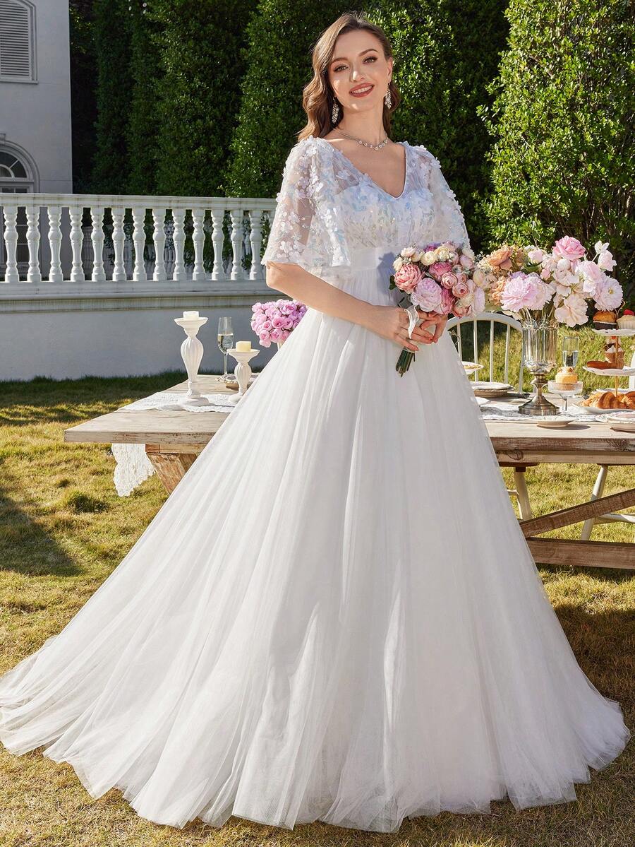 UNITHORSE Fabric V-Neck Floral Lace Sleeve Contrast Mesh White Wedding Dress Gown - White - View 1