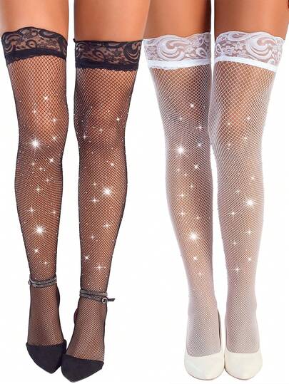 1 Par de Meias Arrastão Sexy para Mulheres Até a Coxa com Detalhes em Renda, Strass e Glitter