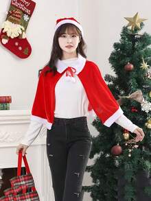 2 Pieces Of New Adult And Children's Christmas Shawls, Hat Sets, Christmas Costume Party Performance Cosplay Adult Female Velvet Costume Props. - Red - View 8