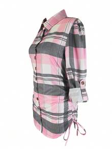 Women's Casual Plaid Cinched Waist Shirt Dress (Non-Printed)