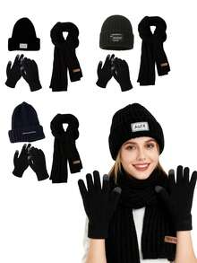 3pcs/Set Slogan Acrylic Beanie Hat, Scarf And Gloves Set, Warm Thick Knit Oversized Headband, Fashion Accessories For Autumn/Winter Winter Gear
