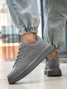 Men's Classic Solid Color Patchwork Lace-Up Casual Sneakers, Niche Fashion Letter Pattern Comfortable Elevator Shoes, Couple Shoes - Grey - View 8