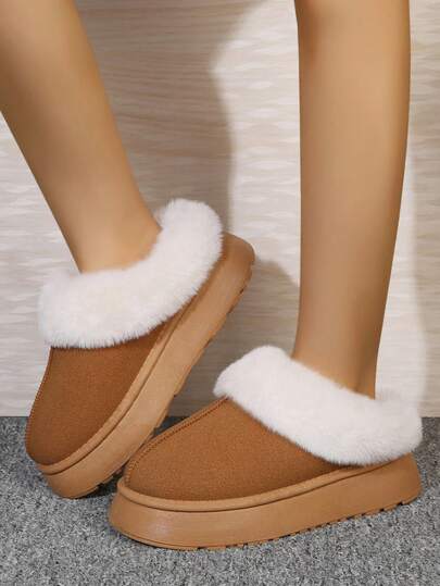 1 Pair New Thickened Plush Women's Warm Shoes, Thick Sole Slip-On Snow Boots, Flat Non-Slip Women's Warm Boots