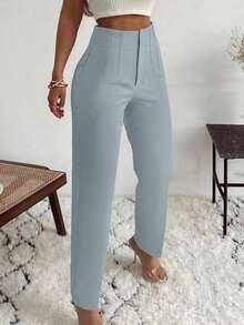 Elegant Pleated Side Pocket Slim Fit Women's Pants, Suitable For Commuting - Dusty Blue - View 4