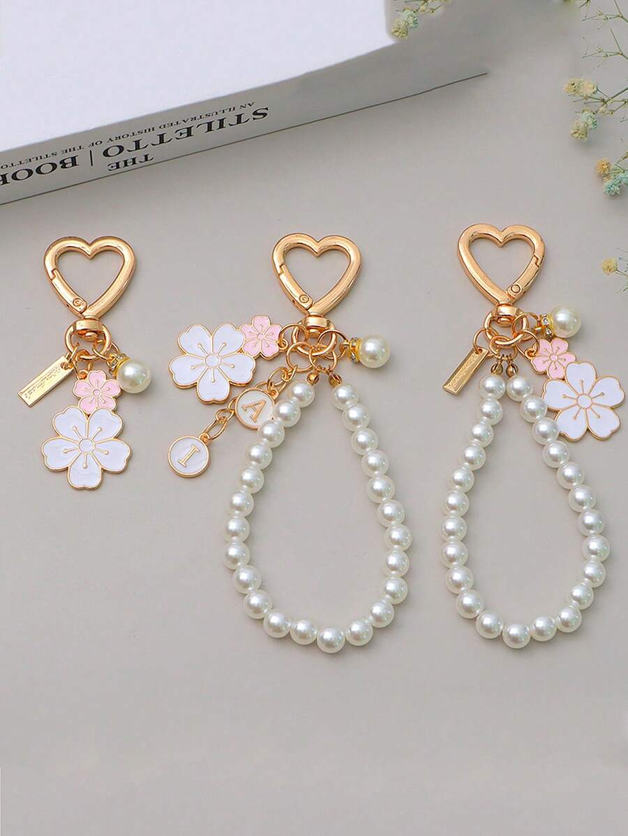 1pc Japanese Faux Sakura Flower & English Letter Charm, Metal Keychain Pendant, White Pearl Bag Decor, Birthday Gift For Mother And Female Friends