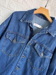 Famininas Drop Shoulder Denim Jacket - 深色水洗藍8433# - 查看 2