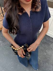 DEEKA 秋冬新款女装欧美风动物纹印花仿毛领针织短袖毛衣外套 - 海藍色 - 查看 3
