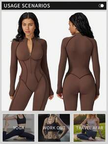 MFVIM Salopetă sport dintr-o singură piesă pentru femei, cu mânecă lungă și fermoar pe jumătate, costum de fitness strâmt și sexy, costum de yoga sport de înaltă intensitate.