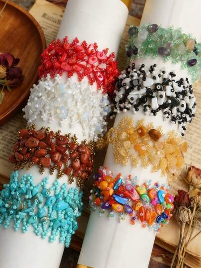 1Pc Dopamine Colored Crushed Stone Bead Bracelet For Girls Bohemian Style Fashion Natural Stone Hollow Out Handmade Weaving Daily Festivals Travel Gifts Jewelry