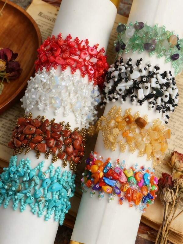 1 Stück Armband mit Dopamin-farbenen zerkleinerten Steinperlen für Mädchen im Boho-Stil, Mode-Schmuck aus natürlichen Steinen mit Hohlräumen, handgefertigt, geflochten, für den täglichen Gebrauch, Festivals, Reisen, Geschenke