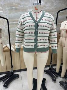Women Knit Cardigan Long Sleeve Button Closure Flower Fall Casual Jacket Sweater - Green - View 5