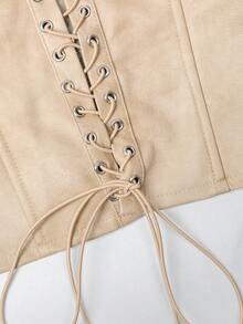 Yuwenier Punk Style PU Leather Rivet Lace-Up Front Open Backless Bustier Crop Top, Suitable For Going Out, Dates, Halloween, Women - Apricot - View 7