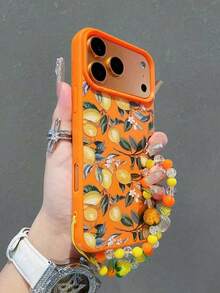 植物元素时尚手机壳，防震植物图案，单件装，时尚荔枝纹理柠檬树叶图案全包软壳，配柠檬串珠挂绳，兼容 17/17 Pro/17 Pro Max/17 Air/11/12/13/14/15/16 Pro Max，防水、防摔、防刮，春季礼物，母亲节生日礼物 - 橘色 - 查看 2