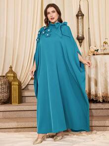 Đầm maxi dài kiểu Ả Rập thanh lịch, mềm mại, màu trơn, cổ bồng, thêu tay họa tiết hoa 3D, chi tiết thắt nơ, phù hợp cho mặc hàng ngày, lễ hội và thường ngày, mùa xuân. - Màu xanh ngọc - Xem 5