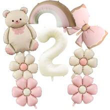 8pcs Pink Bowknot Bear Balloon Set, Includes 32inch Cream Color Numbers 1-6, Rainbow, Pink Bow, Pink Flower Balloons, Suitable For Wedding, Birthday, Anniversary Decoration - White - View 5