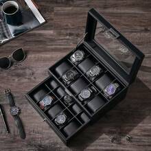 New 3/6/10/12 Slots Watch Box, With Large Glass Printed Striped, ASTUO 20 Slots Men's Watch Box, Black Luxury Watch Box Storage Case With Drawer, Leather Watch Display Box, Watch Organizer Box, Jewelry Box, Bracelet Box, Removable Watch Pillow