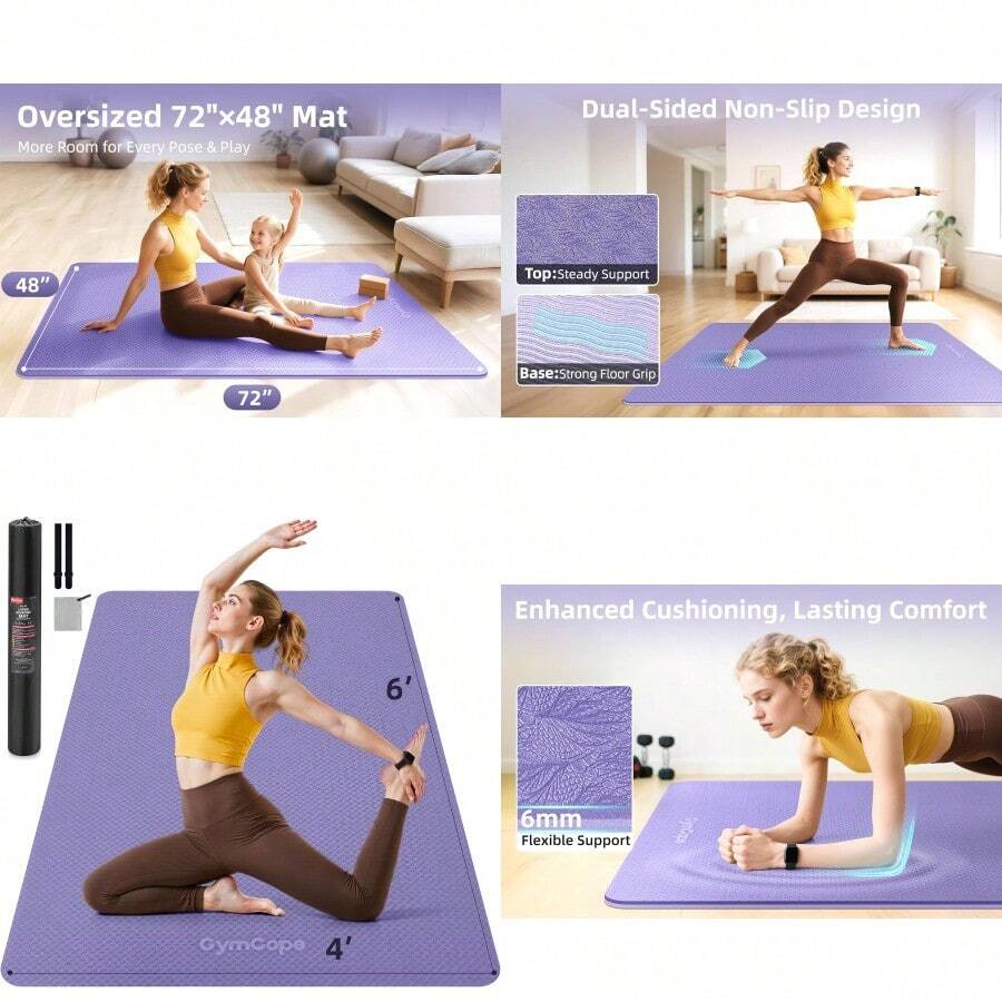 Thick TPE Yoga Mat 72"X48" - 6/8/10/12mm Extra Cushion For Joint Support And Comfort Non-Slip Texture Durable And Waterproof Includes Bag Strap And Towel For Home Workout Pilates And Yoga - 紫色 - 查看 1