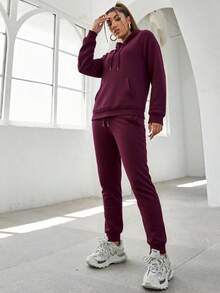 Conjunto de Sudadera con Capucha para Mujer - Ropa Casual y Deportiva, Tejido Cómodo y Transpirable, Diseño Práctico con Bolsillos y Cuerdas Ajustables, Estilo Minimalista y Versátil, Ideal para Varios Escenarios de Uso, Silueta Elegante y Moderna. - Vino tinto 1 - Ver 5