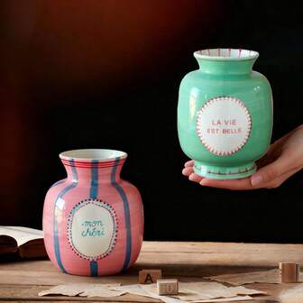 1pc Creative Text Pattern Ceramic Vase, French Style Powder Green Text Design Ceramic Vase, Suitable For Flower Arrangement, Home Decor, Ideal For Valentine's Day And Home Scenes