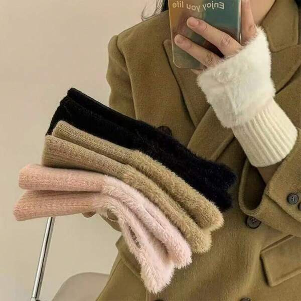 1 Pair Women's Warm Knitted Half Finger Gloves, Versatile, Cute, Suitable For Office, Students, Autumn/Winter
