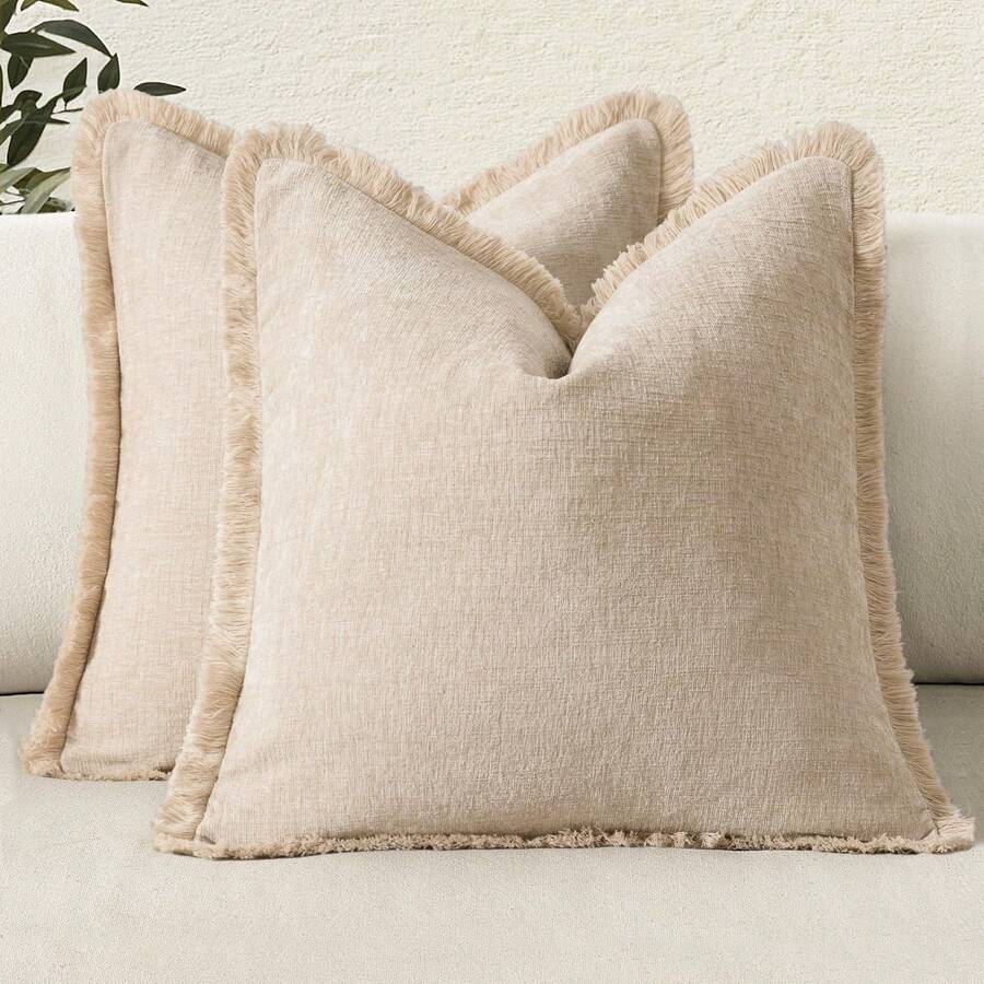 1pc Khaki Chenille Tassel Decorative Throw Pillow Cover (Pillow Insert Not Included), Soft & Comfortable Bohemian Farmhouse Style, Versatile Accent Cushion Cover For Sofa, Bed, Living Room, Bedroom, Balcony - Khaki - View 1