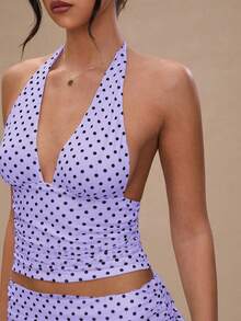 Women's Polka Dot 2 Piece Skirt Sets Vintage Halter V-Neck Top And Ruffle Layered Mini Skirt Summer Y2k Outfits - 紫色 - 查看 6