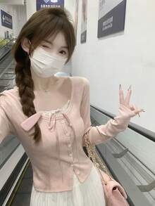 Sweet Lace & Bow Patchwork Fitted Women Top, Spring/Summer - Pink - View 3