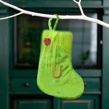 Green Christmas Stockings With Initial Letters Fuzzy Trim Stocking Bag Hanging Decor For Fireplace  Christmas Tree - U - View 2