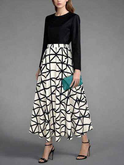 Elegant Casual Long Sleeve Round Neck Fitted Flare Dress, Geometric Pattern Black & White Knit Fabric, Elastic Waist Women Dress